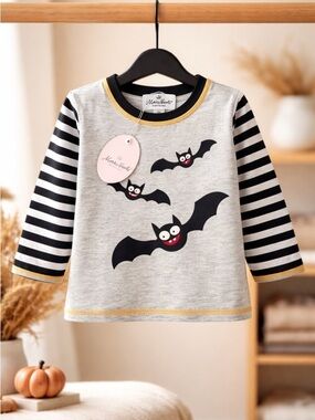 NWT - Boys Gray Halloween Shirt with Stripe Raglan Sleeves & Bats -Size 6-12 mo